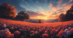 Flower Field at Sunset [4096 x 2160] (Generated on Moescape AI)