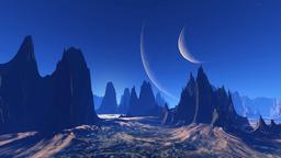 Alien landscape with jagged mountains and two crescent moons in a vast blue sky [1920x1080]